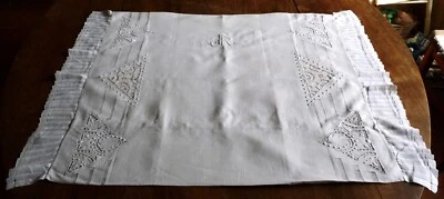 Taie d'oreiller ancienne en pur fil de lin/Broderie/Jours/Dentelle/Plis batiste - Photo 1/4
