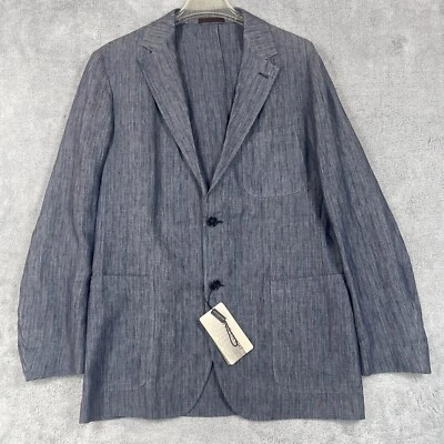 Jhane Barnes 开衫夹克男式 40R 蓝色条纹亚麻单排扣 — 第 1/4 张图片