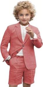 Boy Linen Suit Set 2 Pieces Blazer Short Pants Summer Outfit Wedding Ring Bearer - Picture 1 of 40