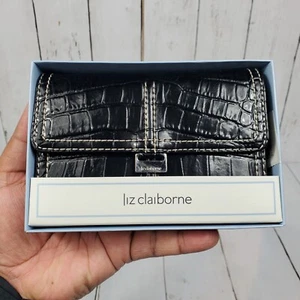 Liz Claiborne Faux Croc Black Trifold Women' Wallet Card New SLRU8790 Crocodile  - Picture 1 of 13