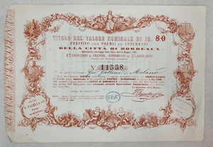 RARO TITOLO PRESTITO 1865 F. PAGELLA E C.IA BORDEAUX FRANCIA 80 FR - Picture 1 of 9