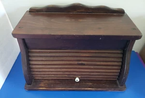 Vintage Dark Wood Wooden Roll Top Opening Bread Box Porcelain Knob - Picture 1 of 6