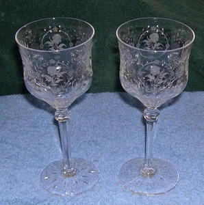 2 Elegant Crystal Wine Goblets, Floral Pattern Etching, 7 1/2" Tall - Picture 1 of 1