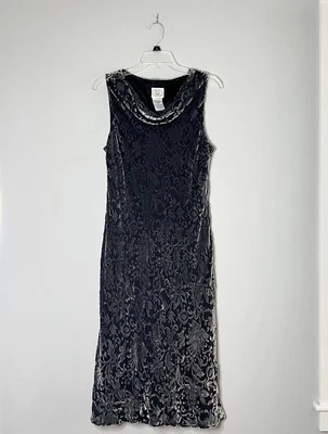 Laura Ashley Velvet Burnout Midi Dress Gray Cowl Women's 12 VTG Silk Romantic - Image 1 of 4