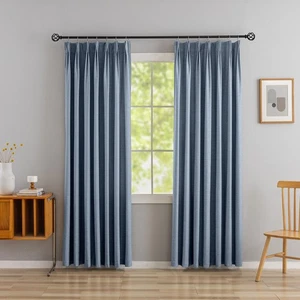 Blue Pinch Pleated Faux Linen Curtains 60% Blackout Two Pages with Pin Hooks ... - Bild 1 von 7