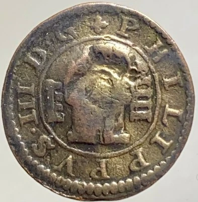 Редкая Дата 1600 Монета Король Филипп III Испанская Пиратская Эра 4 Мараведи Контрастная марка - Изображение 1 из 4