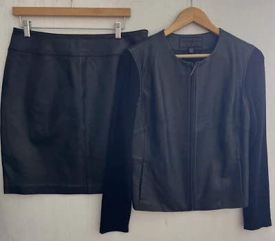 JACLYN SMITH Black Knit & Leather 2 Piece Suit Jacket & Skirt Set Size 12 L - Image 1 of 4