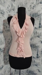 Wayne Rogers Silk Blend Top sz S Light Pink Knit Ruffled Halter Neck Collared - Picture 1 of 9