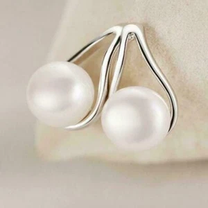 Women 925 Silver Plated Pearl Ear Stud Earrings Jewelry Valentine's Day Gift - Picture 1 of 8