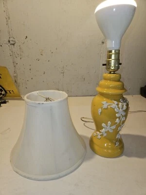 Antique Porcelain Yellow Lamp With White Flowers And Shade - Image 1 of 4