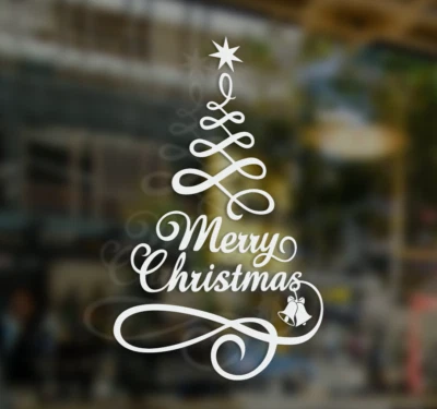 MERRY CHRISTMAS TREE WINDOW WALL STICKER, Merry Christmas shop window decor sign - image 1 of 4