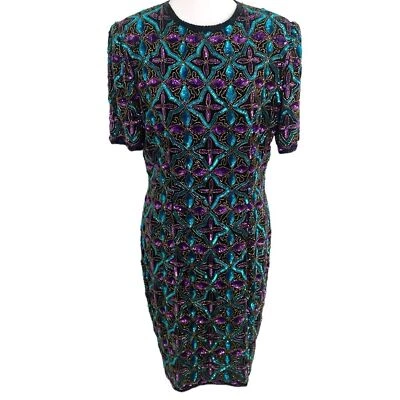 Stènay Vintage Silk Sequined Short Sleeved Dress Sz 12 - Image 1 of 4