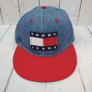 VTG 90s Tommy Hilfiger American Flag Snapback Hat Buckle Back Denim Jeans USA - Picture 1 of 8