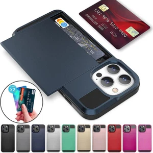 Hidden Slide Card Slot Holder Hybrid Shockproof Wallet Case Cover For iPhone - Picture 1 of 20
