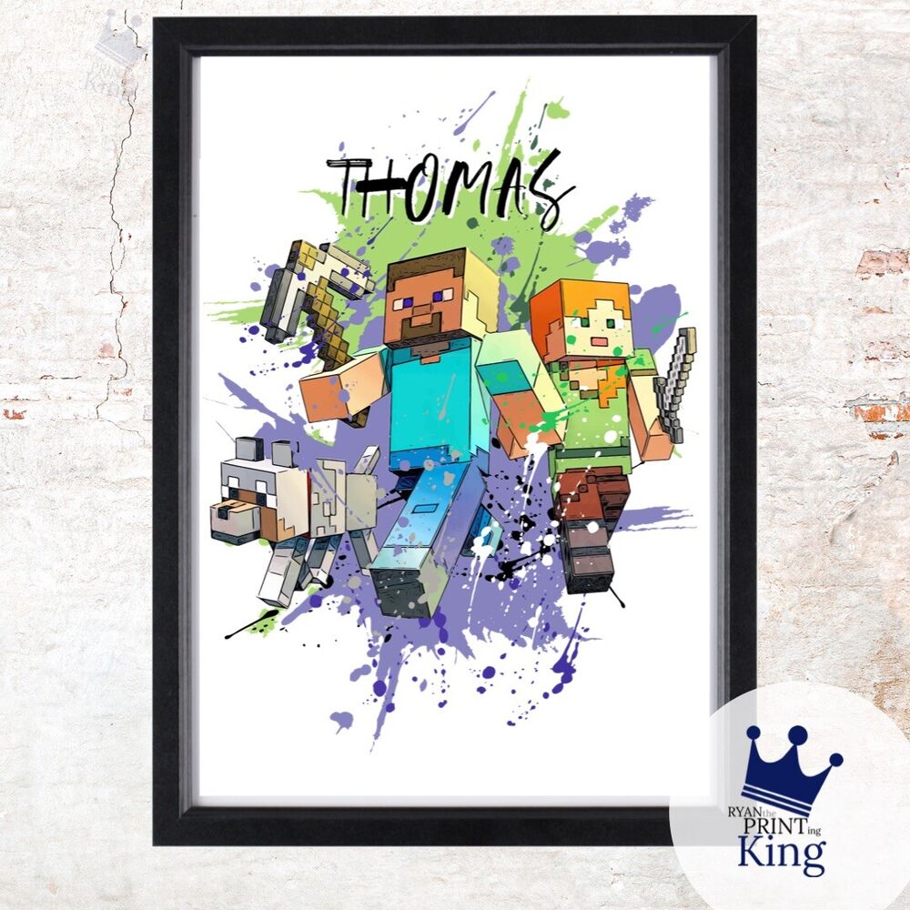 Minecraft Gaming PC Xbox PS5 bedroom Watercolour effect name design A4 print Art