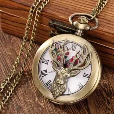 Vintage 3D Hollow Carving Deer Quartz Pocket Watch Pendant Chain Gift Men Women - Image 1 of 4