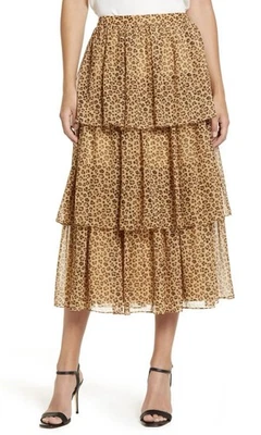 RACHEL PARCELL Women’s Tan Animal Floral Print Tiered Ruffle Midi Skirt Size S - Image 1 of 4