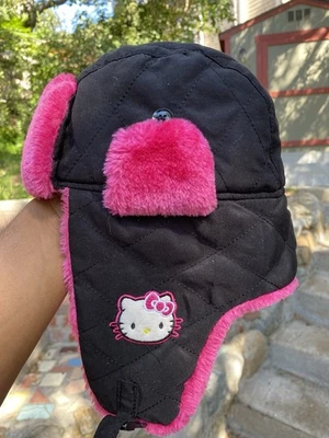 Y2K Hello Kitty 飞行员毛皮帽 Snow Hello Kitty Waffle Build A Bear Bundle 粉红色 — 第 1/4 张图片