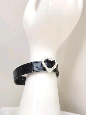 Avon Nina Ricci Black Bracelet Faux Leather Heart Rhinestone Charm Bracelets - Image 1 of 4