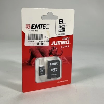 NEW EMTEC 8GB Micro SD w/ adapter Flash Memory Card SD C4 HC SDHC Class 4 - Image 1 of 3