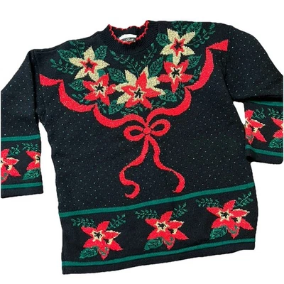Suéter De Colección Feo Navidad Para Mujer Mediano Negro Rojo Poinsettia Dana Scott Años 80 Foto 1 de 4
