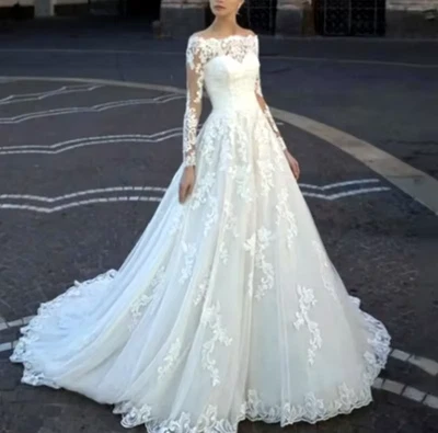 Elegant Boat Neck White Wedding Dress Long Sleeve A-Line Luxury Lace Appliques - Image 1 of 4