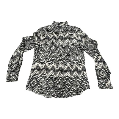 Camisa feminina J Crew de linho 8 meninos branca preta asteca botão tribal manga longa - Imagem 1 de 4