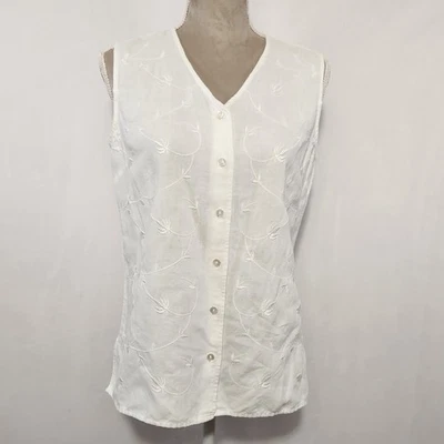Top para mujer talla S mezcla de lino blanco floral bordado sin mangas con botones Foto 1 de 4