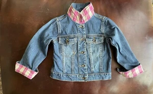 HANNA ANDERSSON GIRLS DENIM JEAN JACKET 120  6-8 PINK PLAID ACCENT - Picture 1 of 14