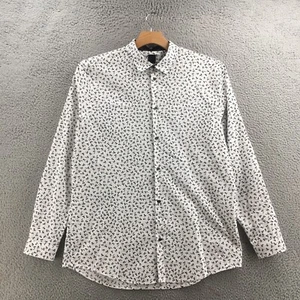 H&M Shirt Mens XL White Cotton Blend Top Button Up Floral Long Sleeve Slim Fit - Picture 1 of 15