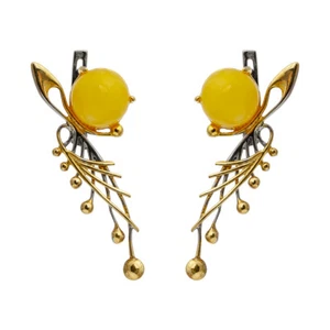 Charming Genuine Baltic Amber Earrings Rhodium Gilded Silver White Color - Picture 1 of 2