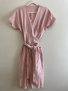 NWT Lanaoree Women’s L Wrap Dress Linen Blend Pink Short Sleeves Pockets - Picture 1 of 7