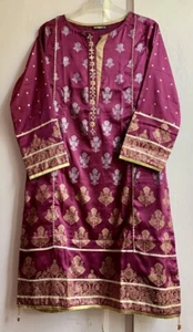 Beautiful Purple Gold Silk Mirrored Sequin Indian Floral Block Print Midi Kaftan - Picture 1 of 7