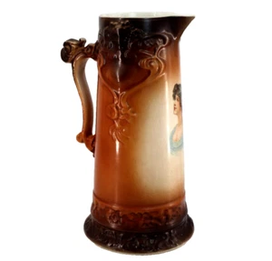 Antique Owens China Co Gold Medal Minerva Ohio Young Woman Stoneware Pitcher - Picture 1 of 23