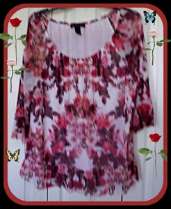 XL $65 Red Pink Floral Lined INC International Concepts Ruffle Trim Tunic Top - Picture 1 of 4