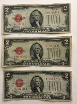 Group of 3 1928 D $2.00 DOLLAR RED SEAL NOTES very nice circulated CA Block - Image 1 of 2