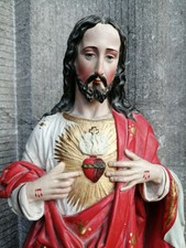 Grande Gesso Antiguidade Vintage Jesus Cristo Sagrado Coração Boneco Estátua Capela Altar