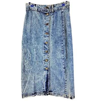 雅芳时尚复古 80 年代牛仔中裙女式 28 12 休闲纽扣蓝色 M — 第 1/4 张图片