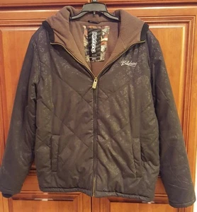BILLABONG Coat Fleece Lined Insulated Black Zip Hood Tattoo Design Small EUC - Picture 1 of 5