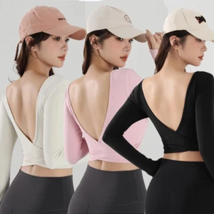 Sexy gepolsterte sportliche Damen-Trainingsshirts V-Ausschnitt Langarm schmale Passform - Bild 1 von 22