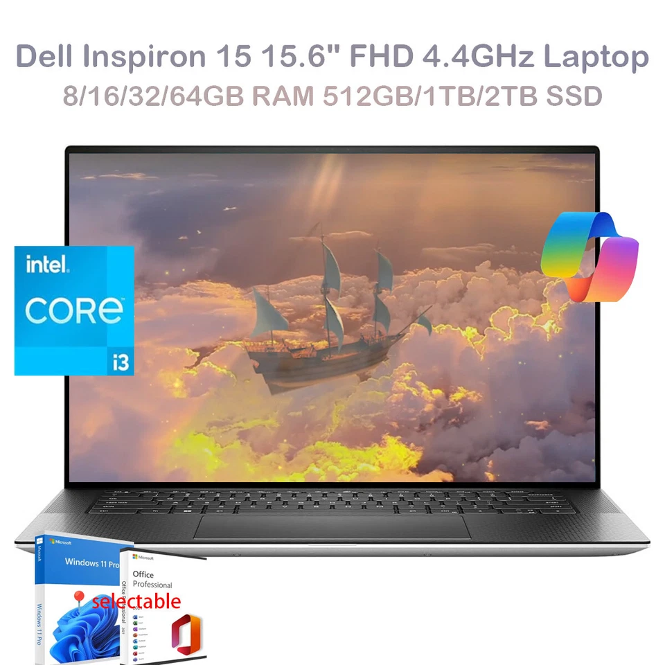 Laptop Dell Inspiron 15, 15,6" FHD, 6 núcleos i3 ‎4,4 GHz, hasta 64 GB de RAM, 2 TB+MIcrosoft21 Foto 1 de 4
