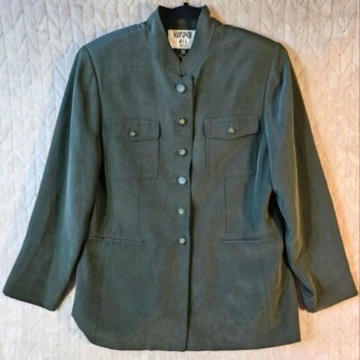 Abrigo Blazer Militar De Colección Años 90 100% Seda Para Mujer 12 Pequeño Verde Monje Elegante Ejército Foto 1 de 4