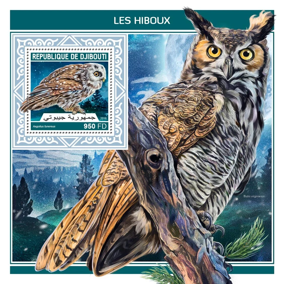 Estampillas Owls Birds MNH 2018 Djibouti S/S Foto 1 de 1