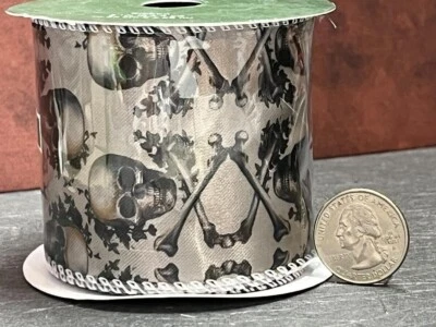 Halloween Ribbon Skull Crossbones Wire Edge Roll C  2.5 in X 4 yards C3 - Image 1 of 2