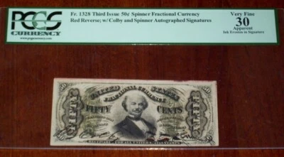 FR.1328 (3rd Issue) 50 cent COLBY - SPINNER AUTOGRAPHED (PCGS - VF 30) SCARCE - Image 1 of 2