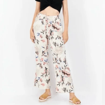 Briggs tropical floral print wide leg Linen pants trousers pockets beige tan -M - Image 1 of 4