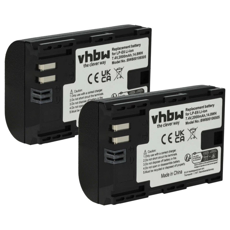 VHBW 2x Akku für Canon EOS R6 Mark II 90D R R7 Ra R5 C R5 R6 2000mAh 7,2V