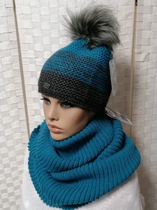 Set 2-tlg Modische Mütze Strick petrol antra Bommel innen Fleece + Loop dimo Neu - Picture 1 of 13