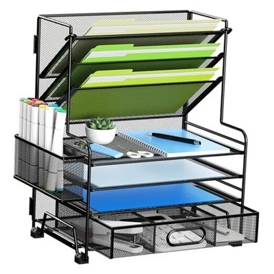 Organizador de papel de 4 niveles + Porta archivos de 3 bolsillos + Cajón + Porta bolígrafos, Negro Foto 1 de 4