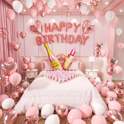 Decoraciones de feliz cumpleaños oro rosa para mujer globos de oro rosa cumpleaños  Foto 1 de 4